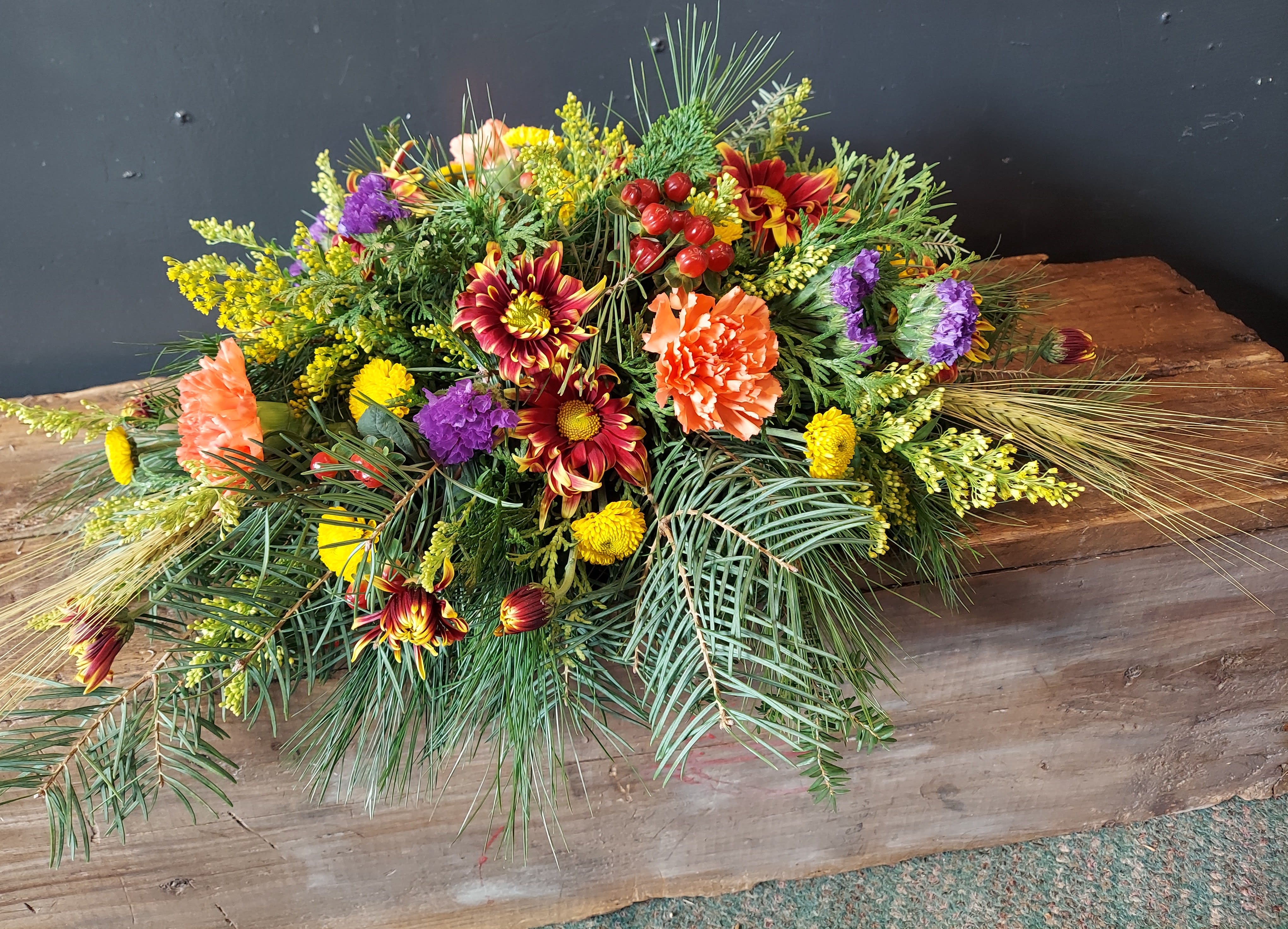 Harvest Table - A warm and inviting Home for the Holidays centerpiece that will offer a soft glow to your festive table.  Can be made with one or two candles or without.  The choice is yours.  Standard price is without candles.  Deluxe-1 candle, Premium-2 candles.  