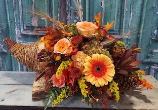 Autumn Beauty Cornucopia - A cornucopia chock-full of beautiful floral goodness.  A stunning addition to your holiday decor.  