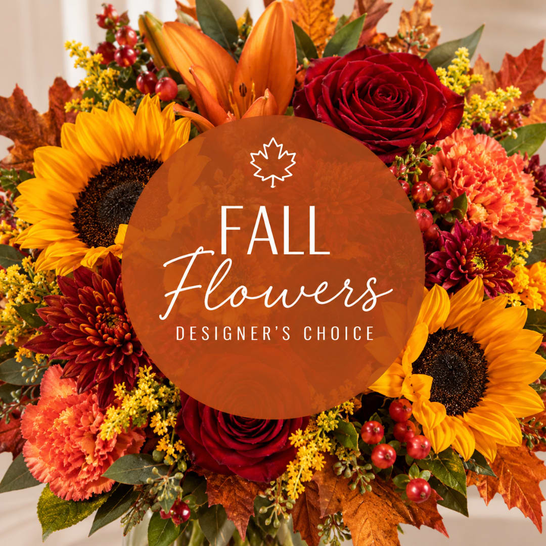 Fall bouquet with sunflowers, roses, lilies, and carnations
