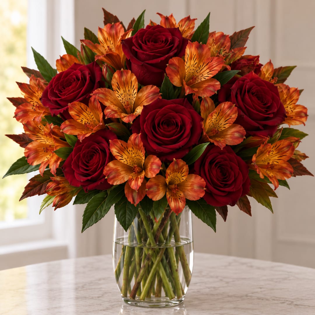 Red roses and orange alstroemeria in a clear glass vase