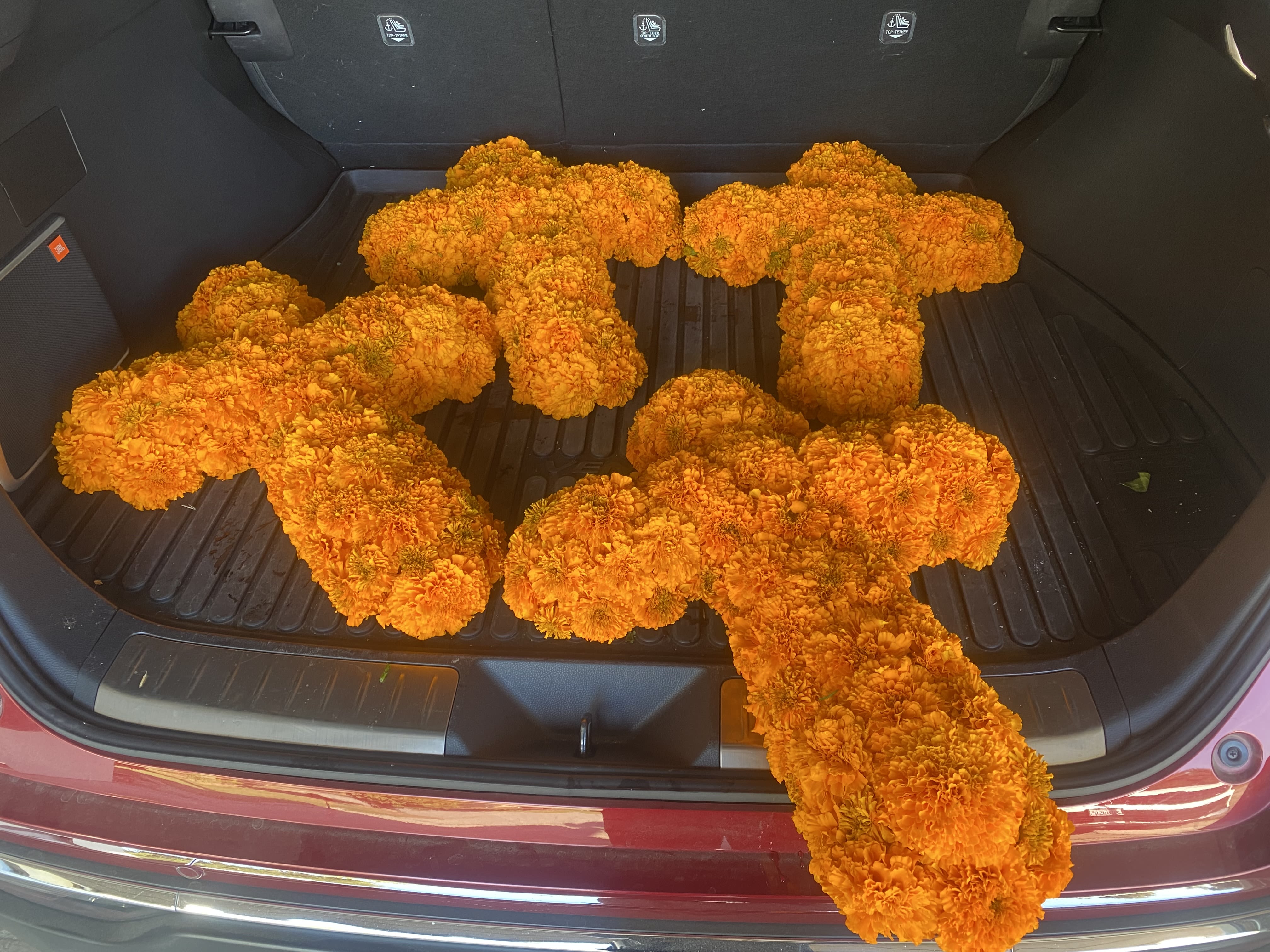 Orange marigold garlands arranged in the open trunk of a car