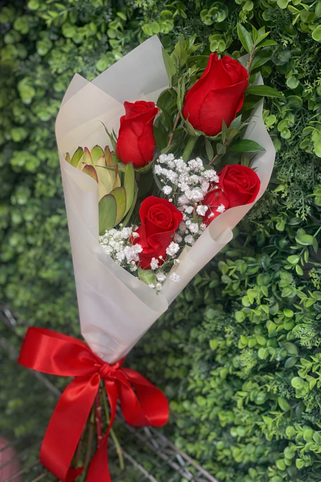 1, 2, or 3 Roses Arranged &amp; Wrapped - Request your colors otherwise we will do them RED.  Theses will include greenery, fillers, colored paper, and bow. 