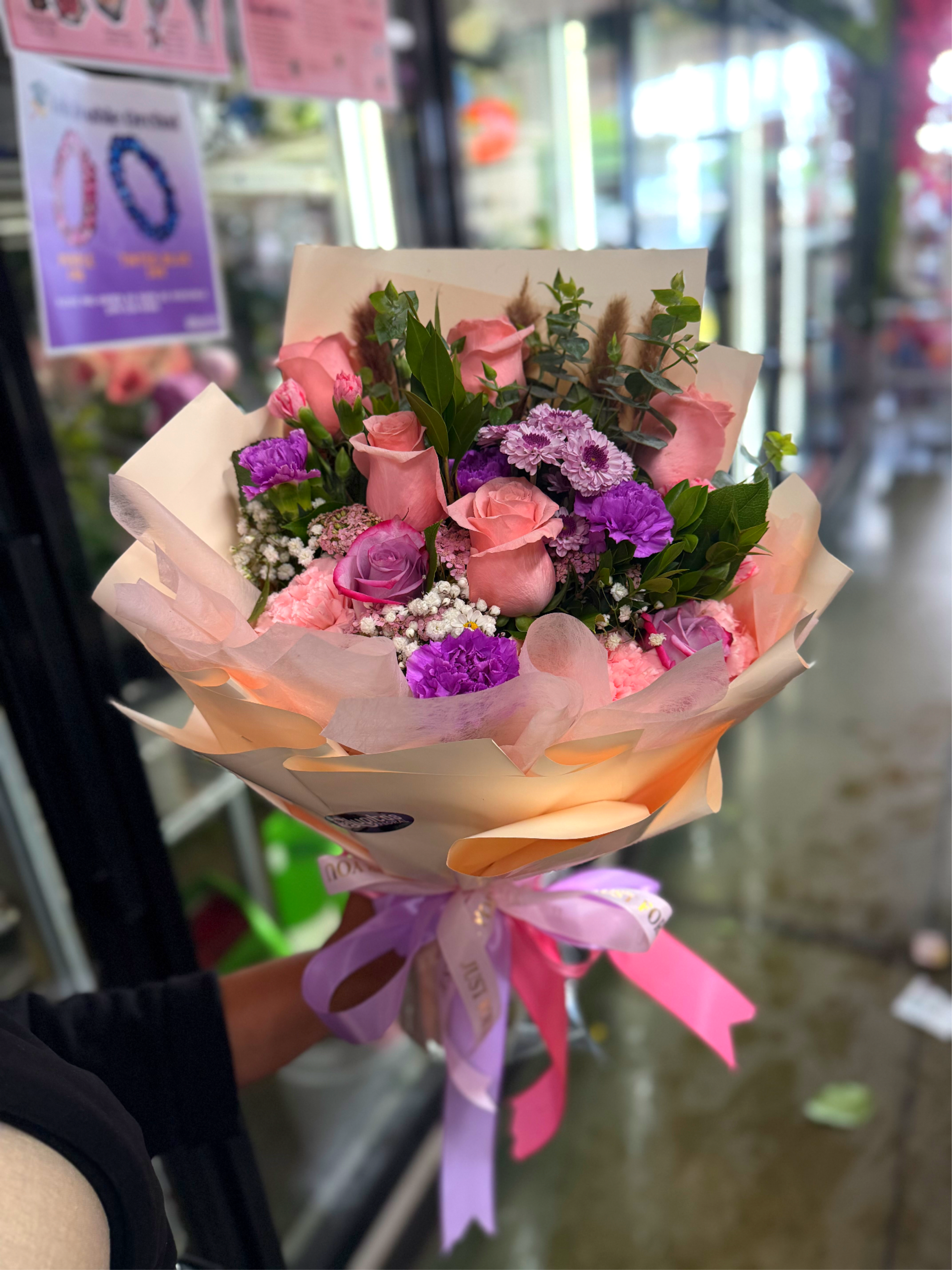 One View Mix Bouquet - 8 Roses, 8 Carnations, 3 Pompoms, fillers, greenery included!.  You may request change in colors during checkout. 