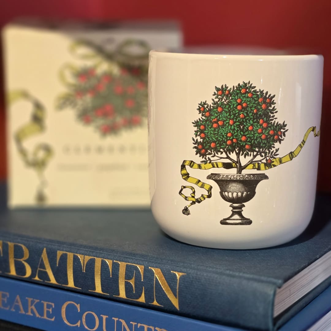 White ceramic mug with a potted tree illustration on books