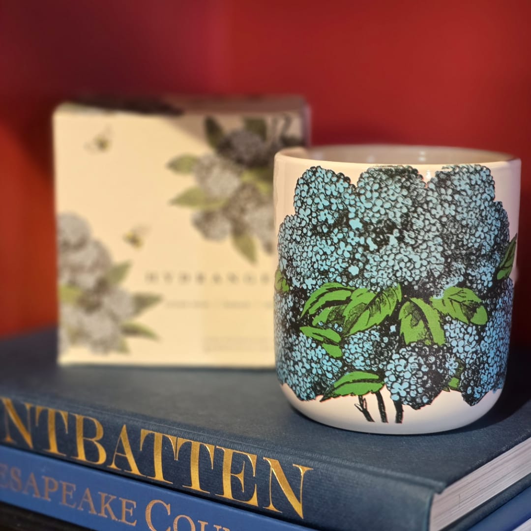 Hydrangea-patterned ceramic mug on stacked books with a matching box behind it