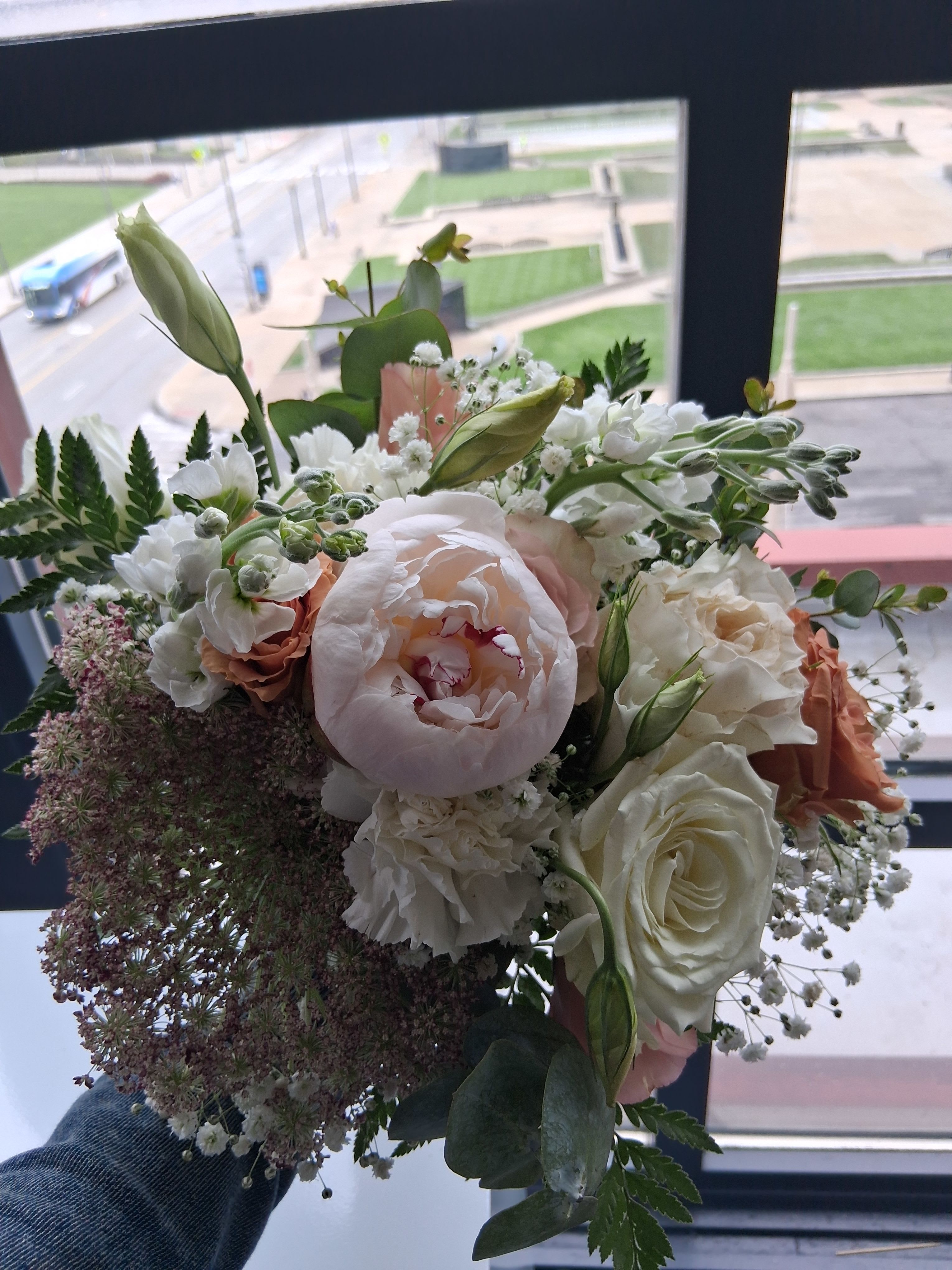 Maya's bridal bouquet - Beautiful intelligent mix of white, quick send and toffee color roses, peonies, chocolate Queen Ann lase, white stuck and other fillers vintage bridal bouquet 