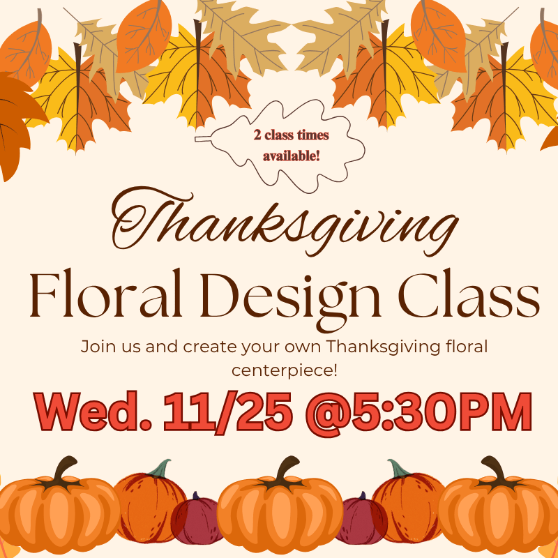 Thanksgiving floral design class flyer with autumn leaves and pumpkins