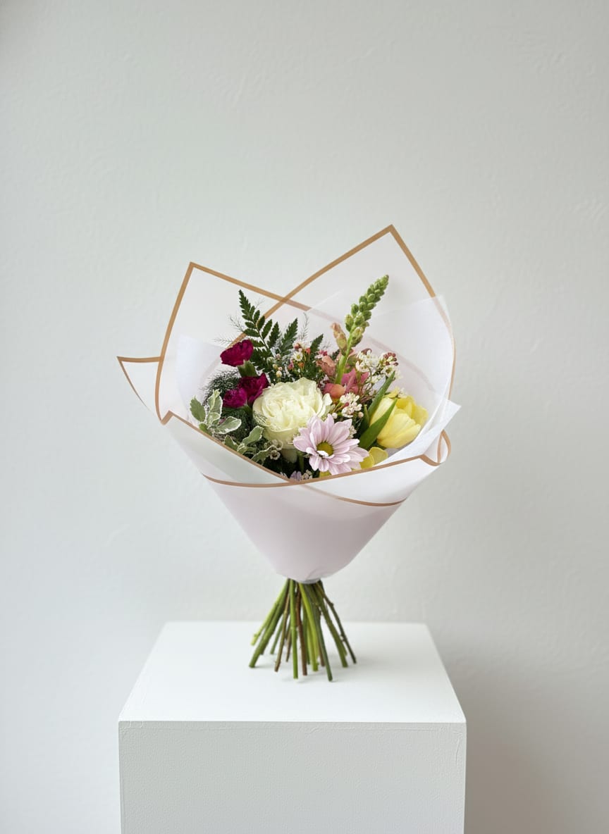 Designers Choice Wrapped Bouquet - A colorful selection of our freshest seasonal blooms, wrapped presentation style! We cannot guarantee the same colors and varieties of flowers pictured, but it will give the same style and feel! Let us know if there are any specific colors or varieties of flowers you have in mind, we will try our best to accommodate!