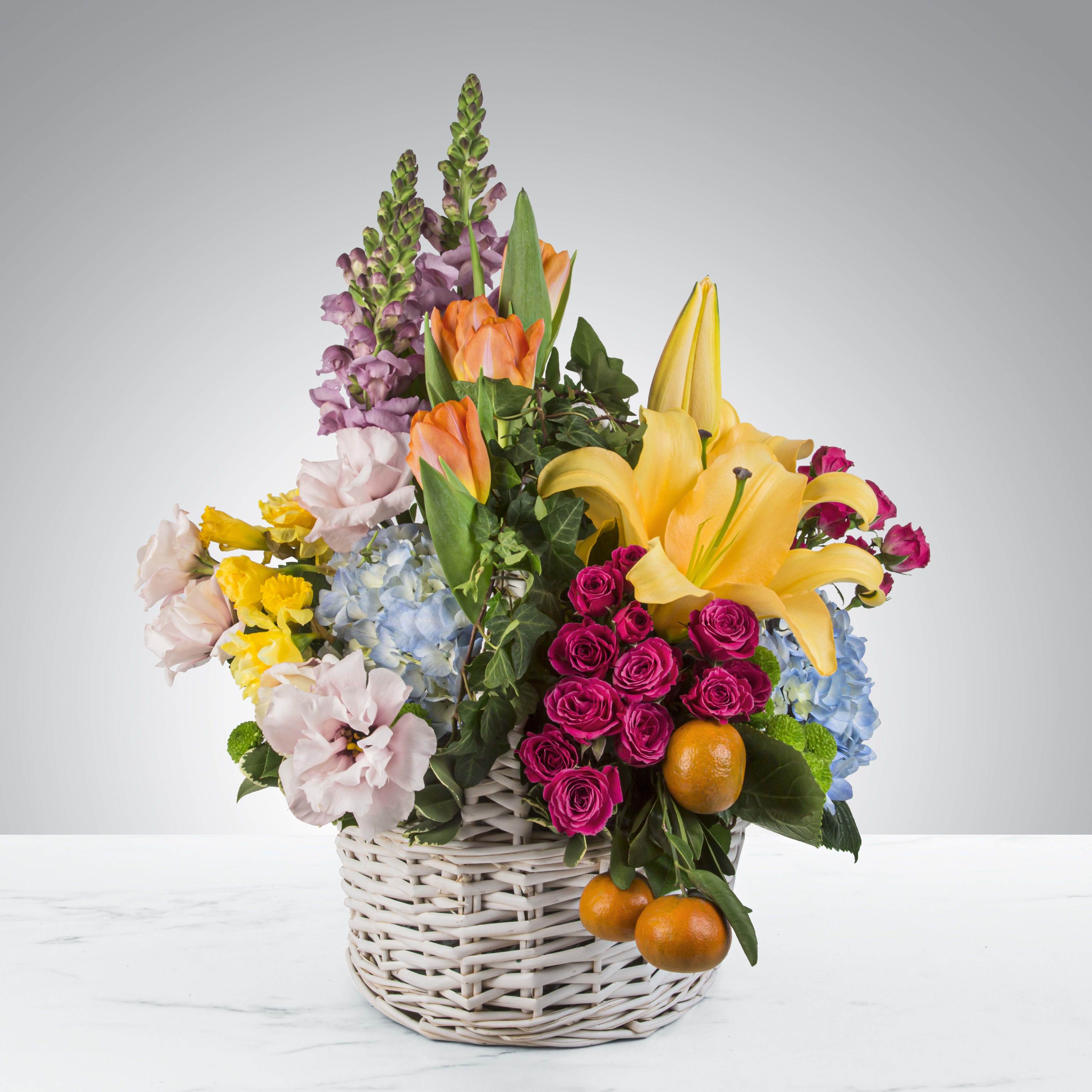 April Showers by BloomNation™ - Featuring lilies, tulips, clementines, spray roses, lisianthus, daffodils, ivy and more in a classic white wicker basket, April Showers by BloomNation™ is the ultimate spring arrangement. Short of a pollen allergy and a bunny, this is as close to gifting a season you can get. Perfect as an Easter or Passover gift, this arrangement will be sure to impress.   APPROXIMATE DIMENSIONS 17" W X 24" H
