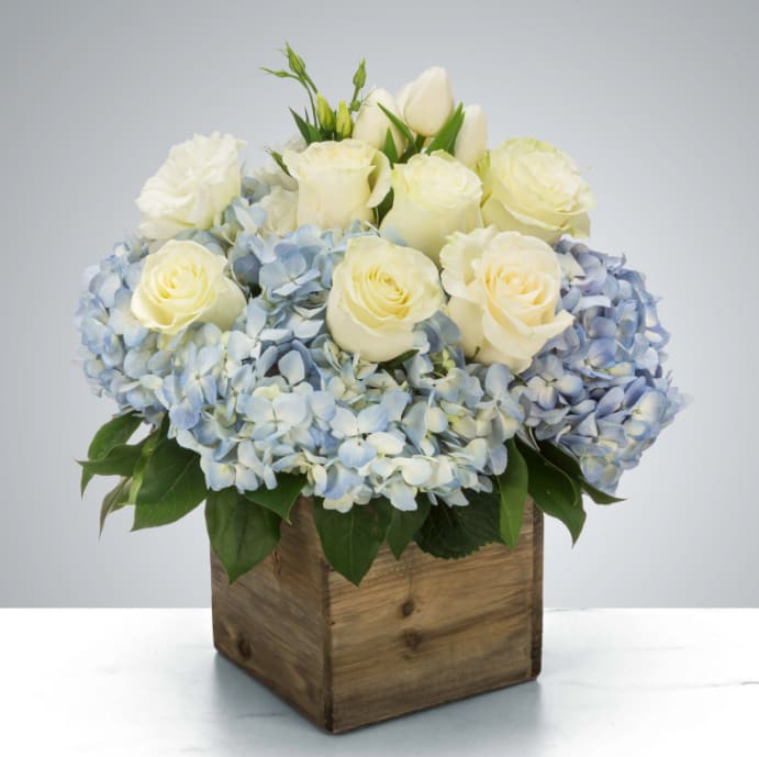 Sail Away by BloomNation™ - Send something to let them know you care. Featuring blue hydrangea, white tulips, and white roses this arrangement is a nice way to show you are thinking of somebody in their time of need.  Approximate Dimensions: 12"D x 14"H
