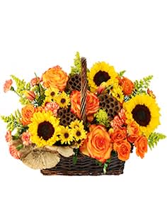 Crisp Autumn Morning by FSN - There's nothing like sending a beautiful arrangement of fall colors to brighten up their day!  10" rectangular basket with handle and liner 3 lotus pods 2 decorative dried mushrooms 3 yellow sunflowers 3 yellow and orange bicolor roses 3 yellow and orange bicolor tulips 3 stems orange spray roses 2 stems orange bicolor mini carns 1 stem yellow solidago 3 stems yellow spray chrysanthemums   Copyright Flower Shop Network