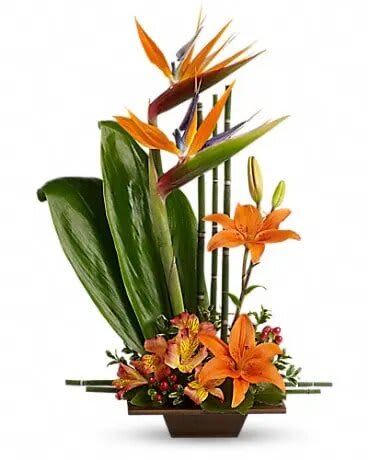 Tropical flower arrangement with orange bird-of-paradise and lilies in a rectangular vase