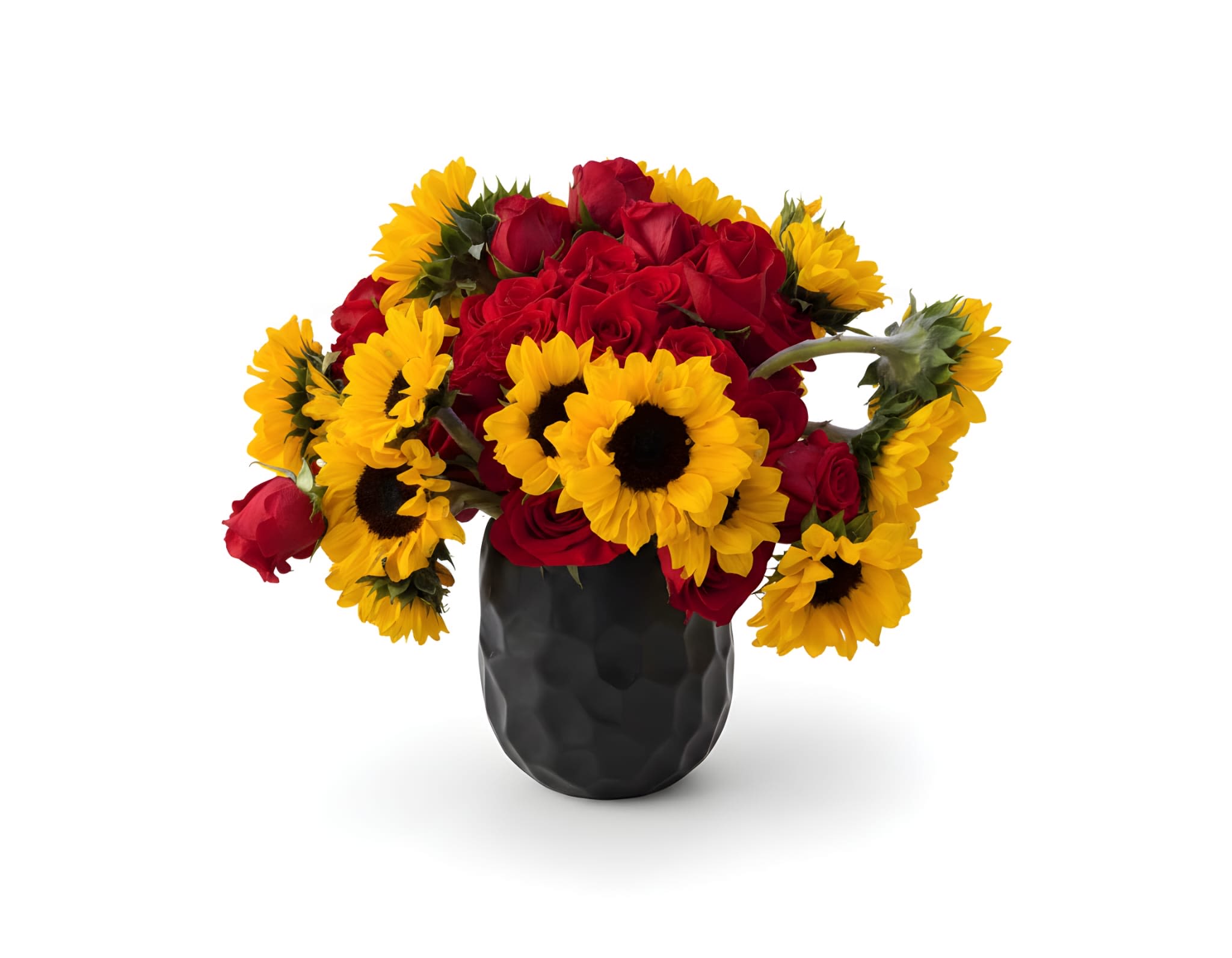 Sunset Radiance  - Bold and captivating, Sunset Radiance pairs golden sunflowers with lush red roses in a modern black vase for a striking contrast. This vibrant arrangement brings warmth, passion, and energy—perfect for making a statement, celebrating milestones, or brightening any space with a touch of sunshine and romance.