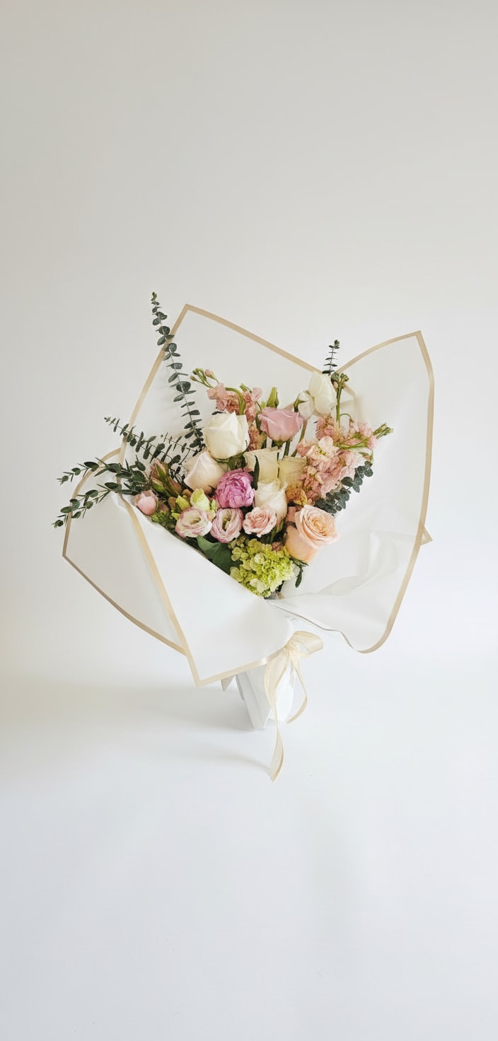 Wrapped Bouquet - Small - Small bouquet wrapped in floral paper featuring 6-8 blooms, fillers and complimentary greens. 