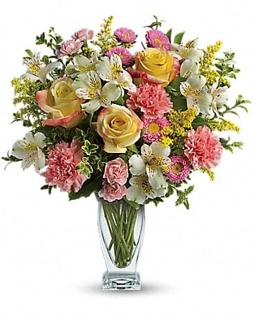 Meant To Be Bouquet  - Ring in the spring, celebrate a birthday, or simply show you care with this gorgeously versatile bouquet. Arranged in a stunning vase they'll always treasure, this lovely mix of yellow roses and pink carnations warms everyone's heart. Yellow roses, pink carnations, white alstroemeria and pink asters are accented with solidago and oregonia. Delivered in a Couture vase. 
