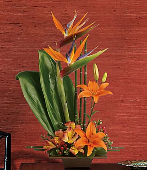 Exotic Grace - Looking for something with a bit of Zen? With tall bamboo and birds of paradise complemented by a stunning mix of tropical orange flowers and greenery in a graceful bamboo container, this bouquet is it. Birds of paradise, asiatic lilies, alstroemeria, red hypercium, accented with ti and galax leaves arrive in a beautifully exotic keepsake bamboo container. 