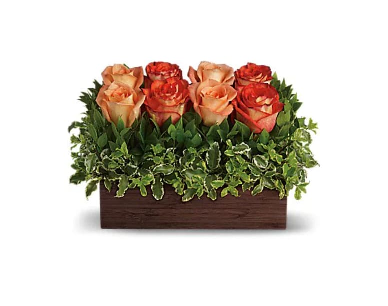 Uptown Bouquet - An arrangement worthy of your uptown girl, this one rocks! Modern without being trendy. Gorgeous without being girly. If your woman knows style, this is the gift for her. Outrageously beautiful dark orange and peach roses are nestled in a garden of greens and delivered in a unique bamboo rectangle. Go ahead: show her that you get it. 