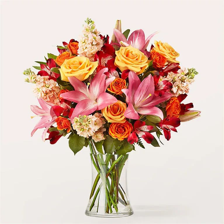 Full Heart Bouquet - Peach roses, red alstroemeria and pink lilies are a fragrant and floral way to remind someone how loved they are.  Bloom Details Rose Stock Alstroemeria Lily