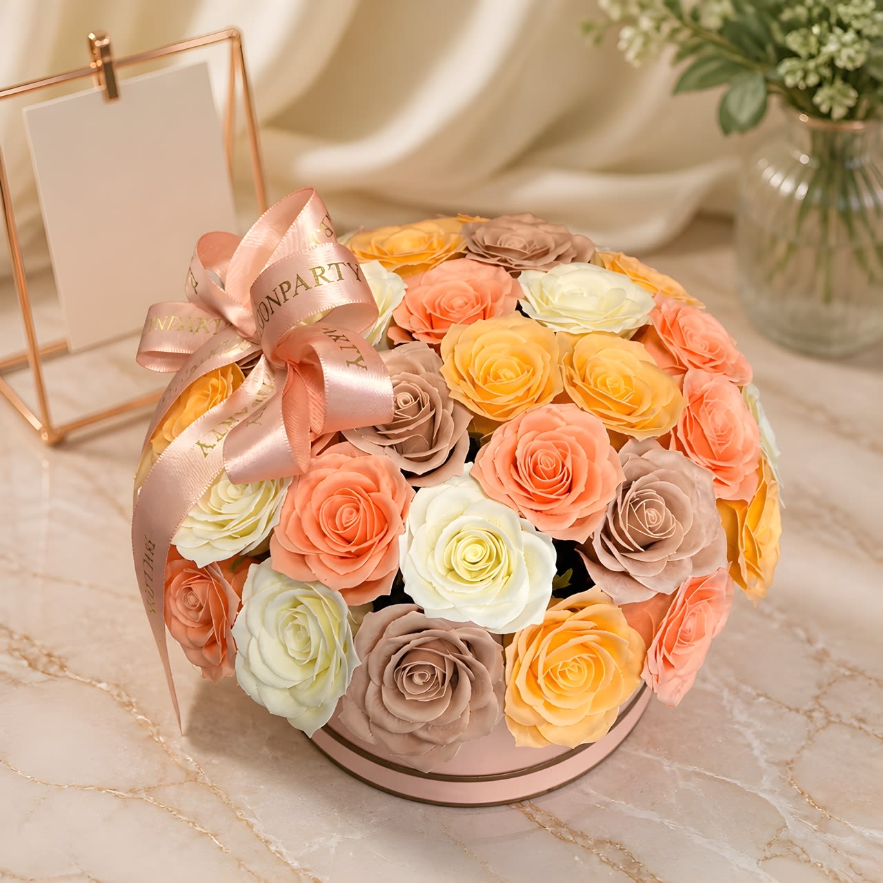 Citrus charm ( ARTIFICIAL soap roses )  - A compact dome of pastel roses arranged in a round hat box makes this flower arrangement a graceful choice for birthdays, anniversaries, or to say "thinking of you." The soft pink, peach, cream and pale yellow roses create a gentle, romantic effect that will make the recipient feel cherished and celebrated the moment they see it.  Roses are tightly packed into a blush-pink round box for a polished, luxurious presentation; a large satin ribbon bow and a gift card holder complete the package. The composition is low and dense rather than tall, giving a refined, feminine silhouette that looks like a keepsake centerpiece as soon as it's placed on a table.  Perfect for the person you want to delight-whether marking a milestone or sending warm wishes-this arrangement arrives ready to present and enjoy. Sizes are compact and table-friendly; follow simple care by keeping the box in a cool spot and changing water if converting to a vase to extend bloom life.