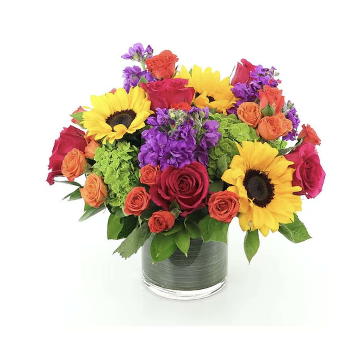 Brighter Day - Beautiful bloom hydrangea,  sunflowers, pink  roses, purple stock and orange spray roses. This arrangement is flexible, in that it is appropriate to send for many different occasions, including Anniversaries, Birthdays, Get Well, Just Because and many more. 