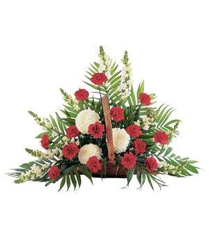 Red and white carnations arranged in a basket with palm leaves