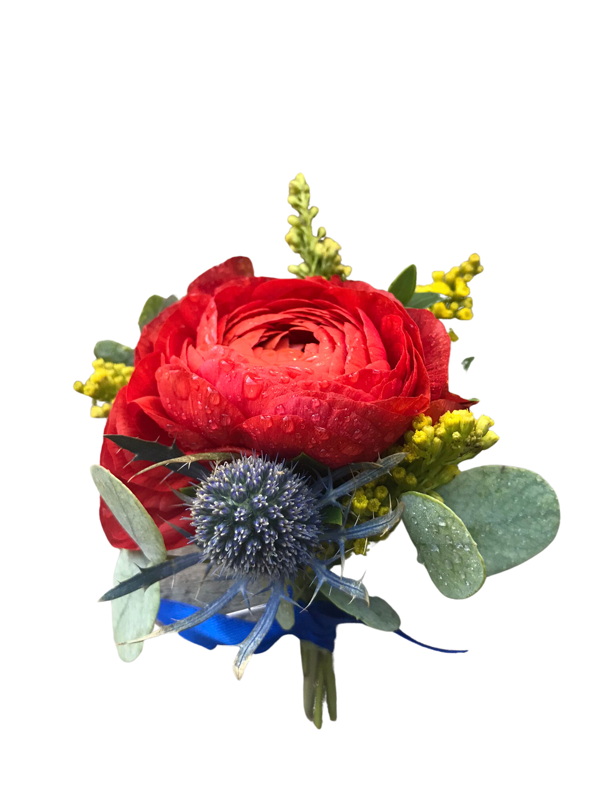 Red ranunculus bouquet with blue thistle and yellow filler flowers