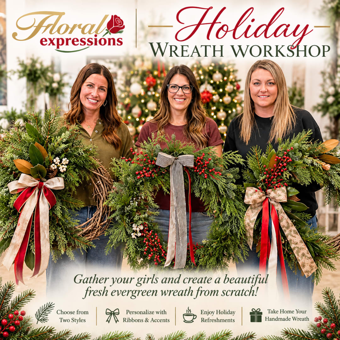 Holiday wreath workshop poster with three women holding evergreen wreaths