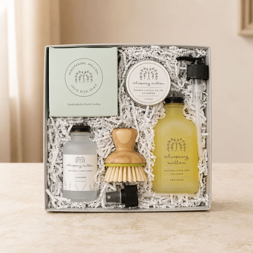 Lavender-themed gift box with soap, spray, salve, and brush