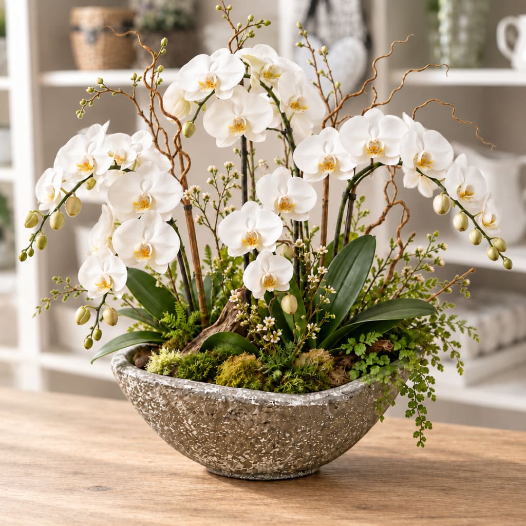 White orchid arrangement in a textured silver bowl on a table