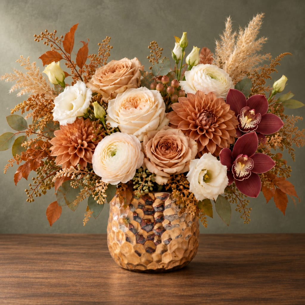 Autumn bouquet of peach, white, and burgundy flowers in a textured vase
