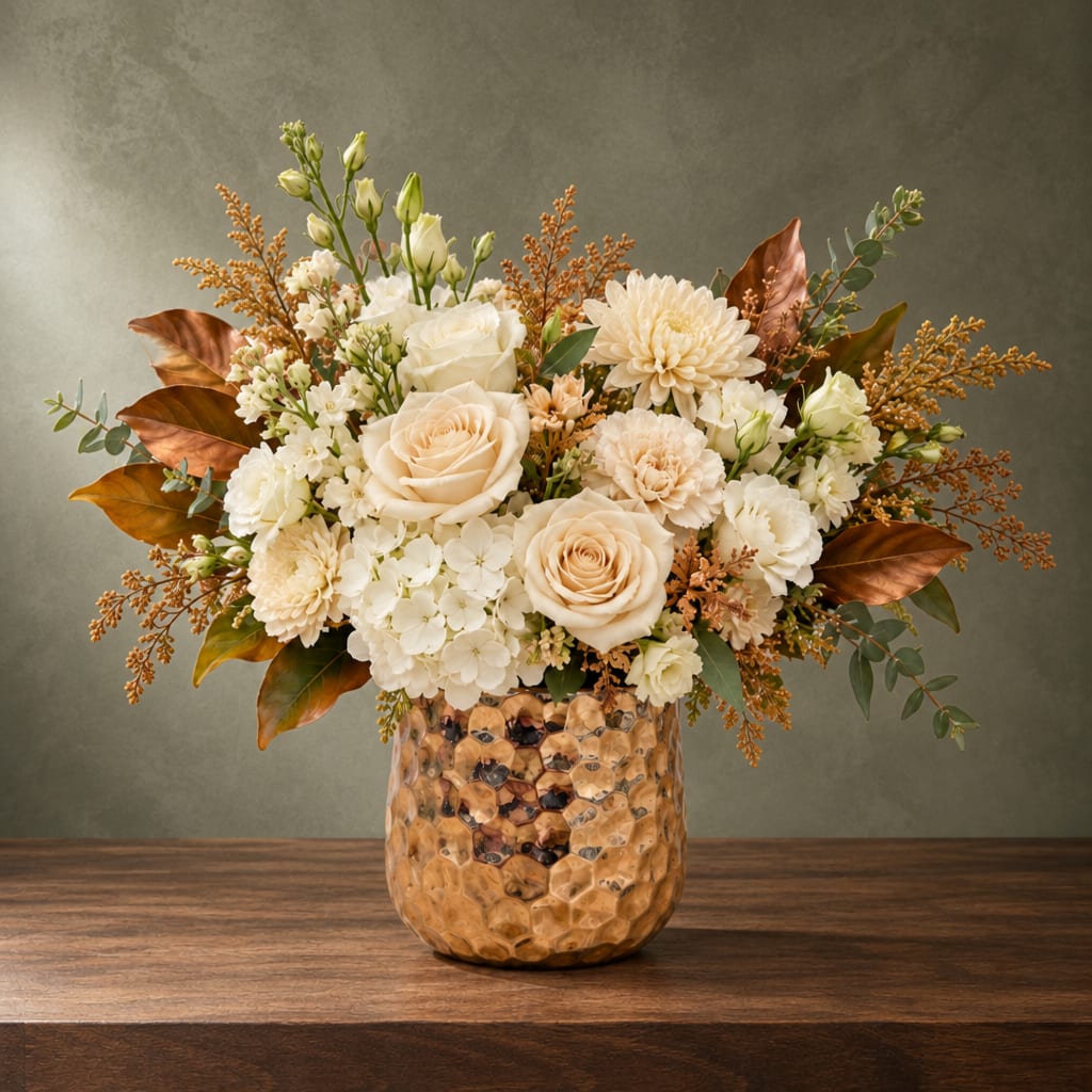 Cream and peach floral arrangement in a textured amber vase