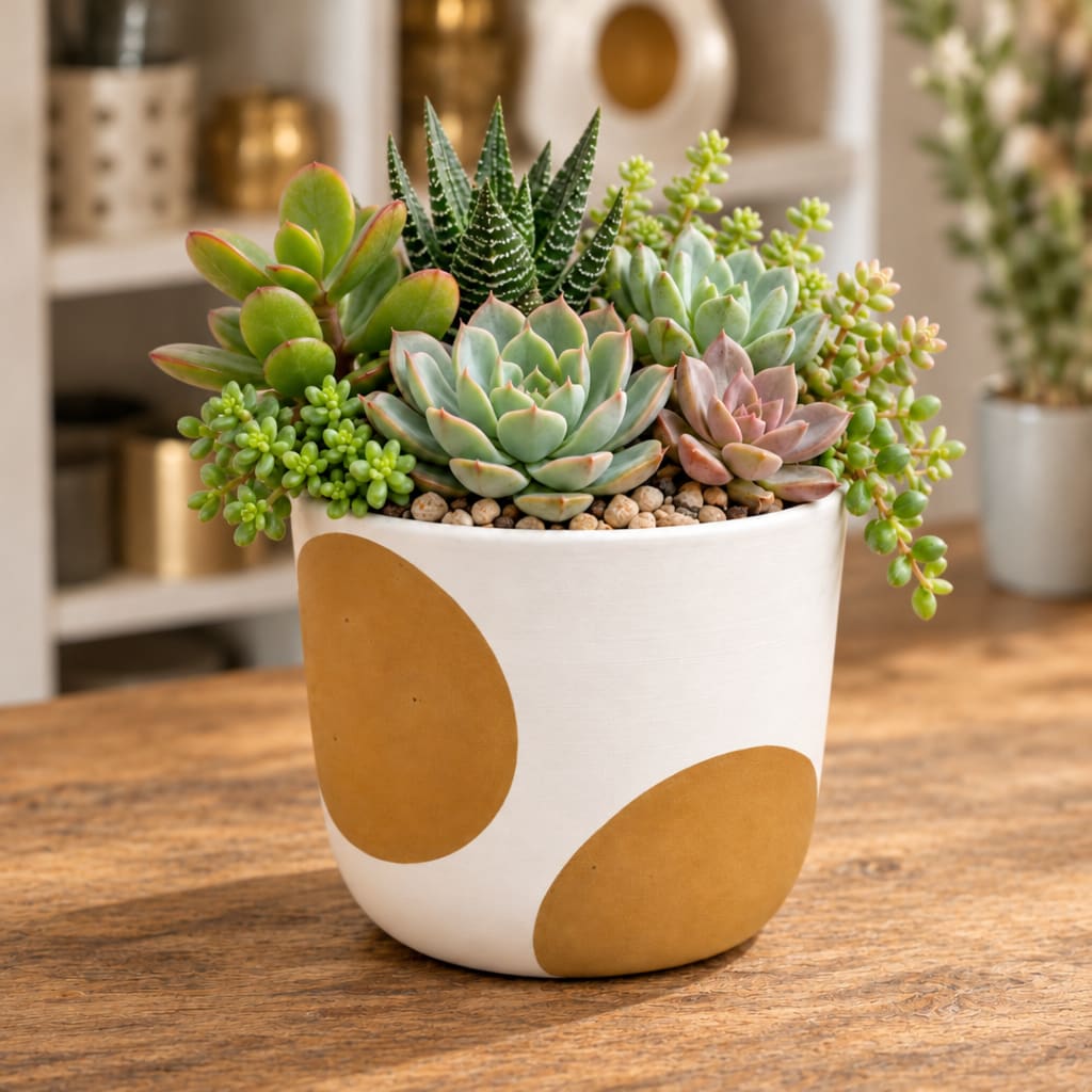 Succulent arrangement in a white pot with gold oval accents