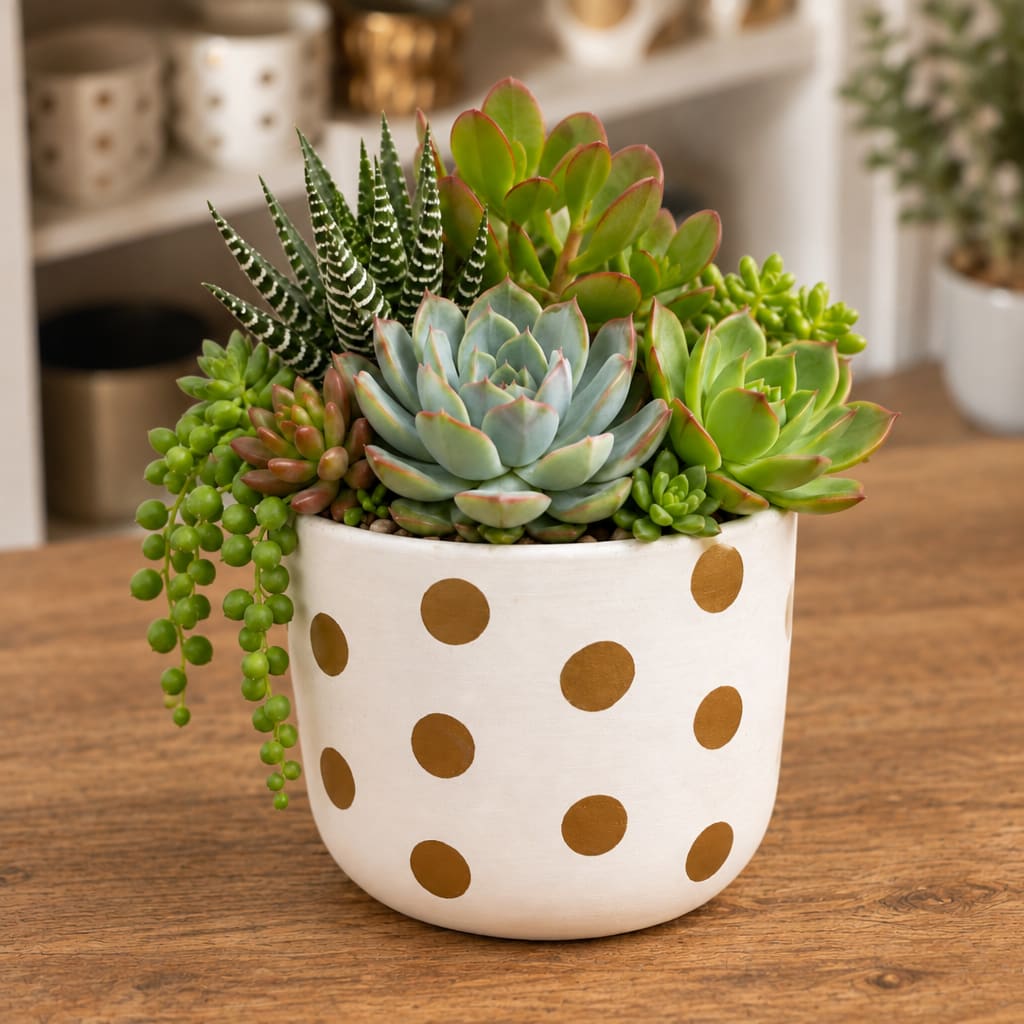 Succulent arrangement in a white polka-dot pot on a wooden table