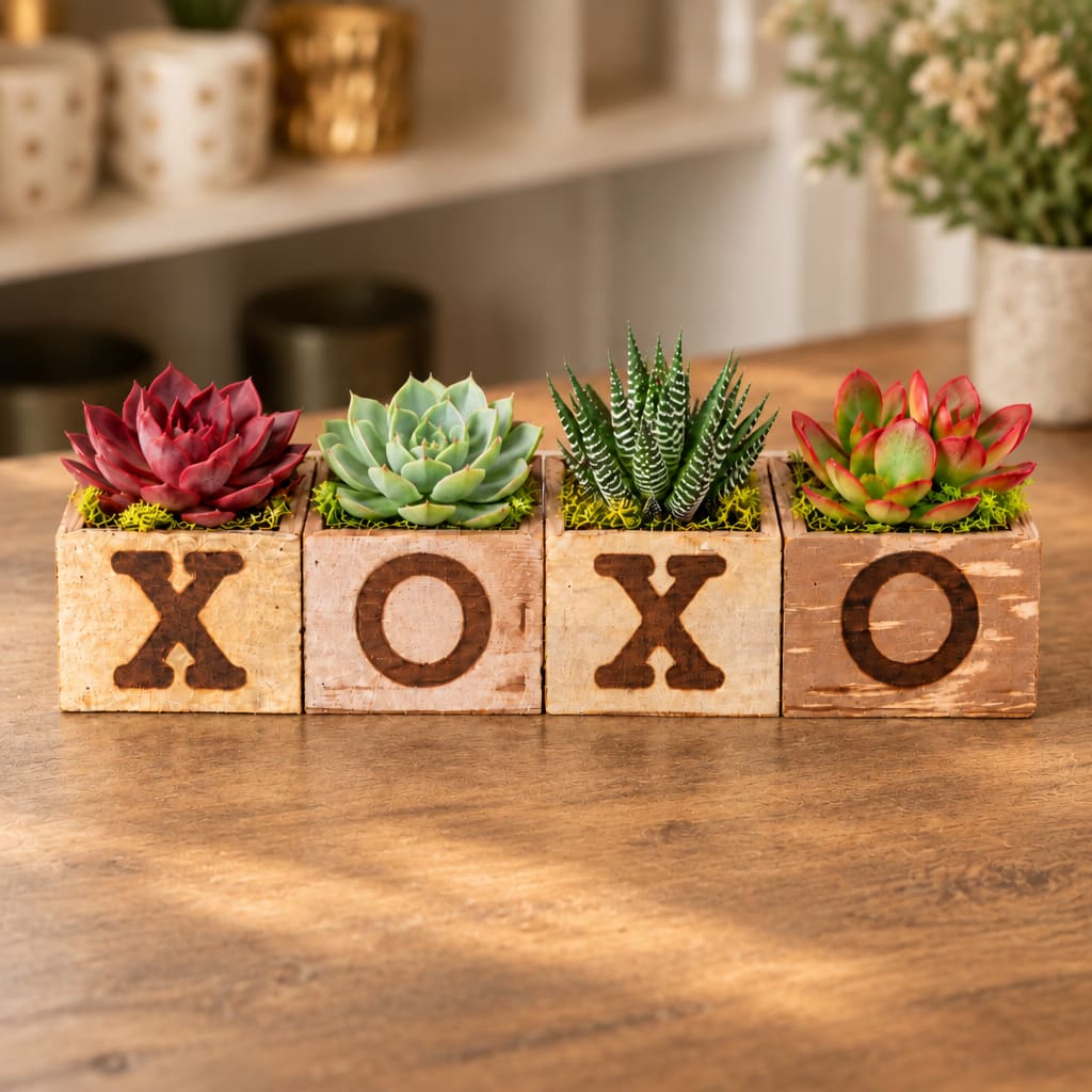 Four small succulent planters in wooden blocks spelling XOXO