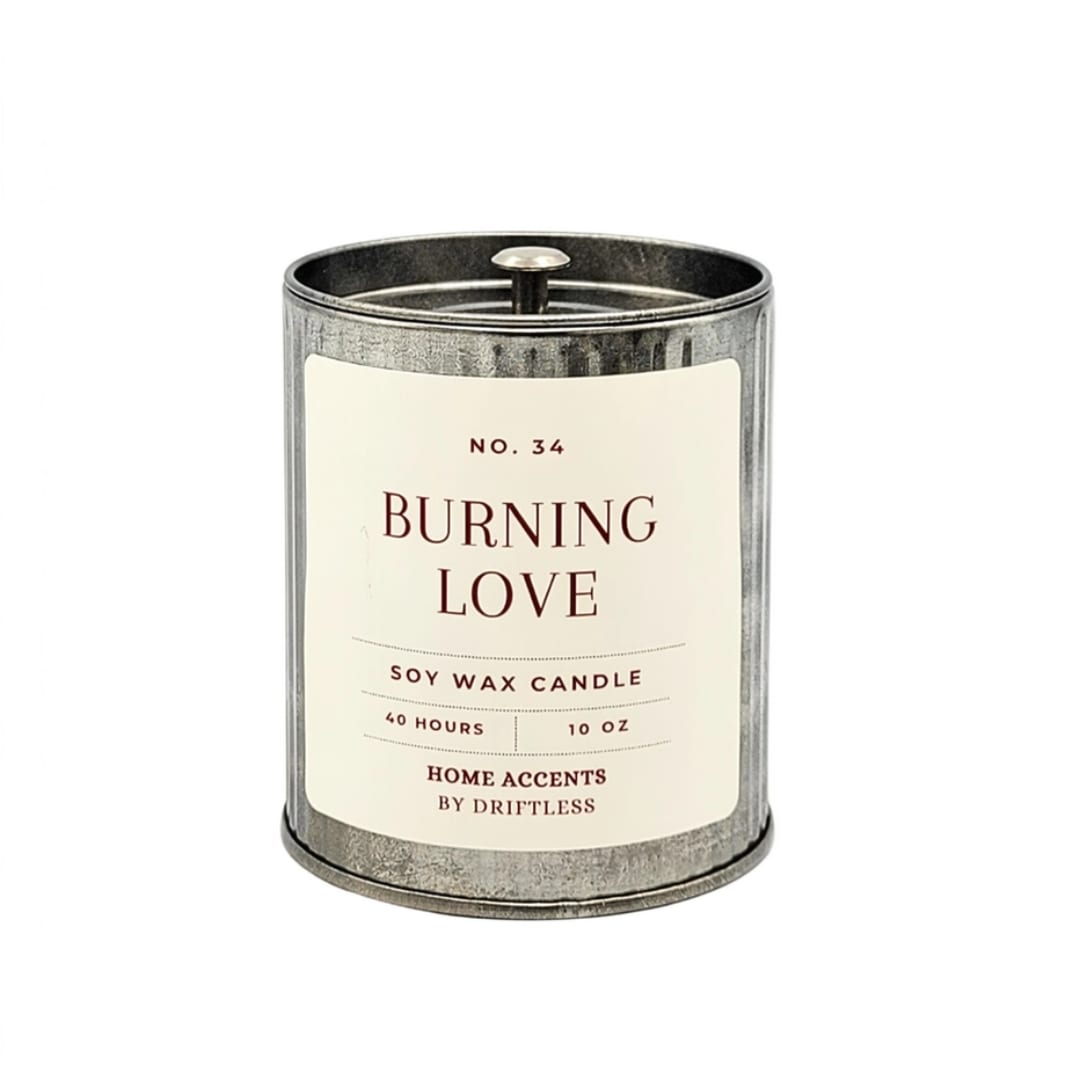 Metal tin candle labeled Burning Love