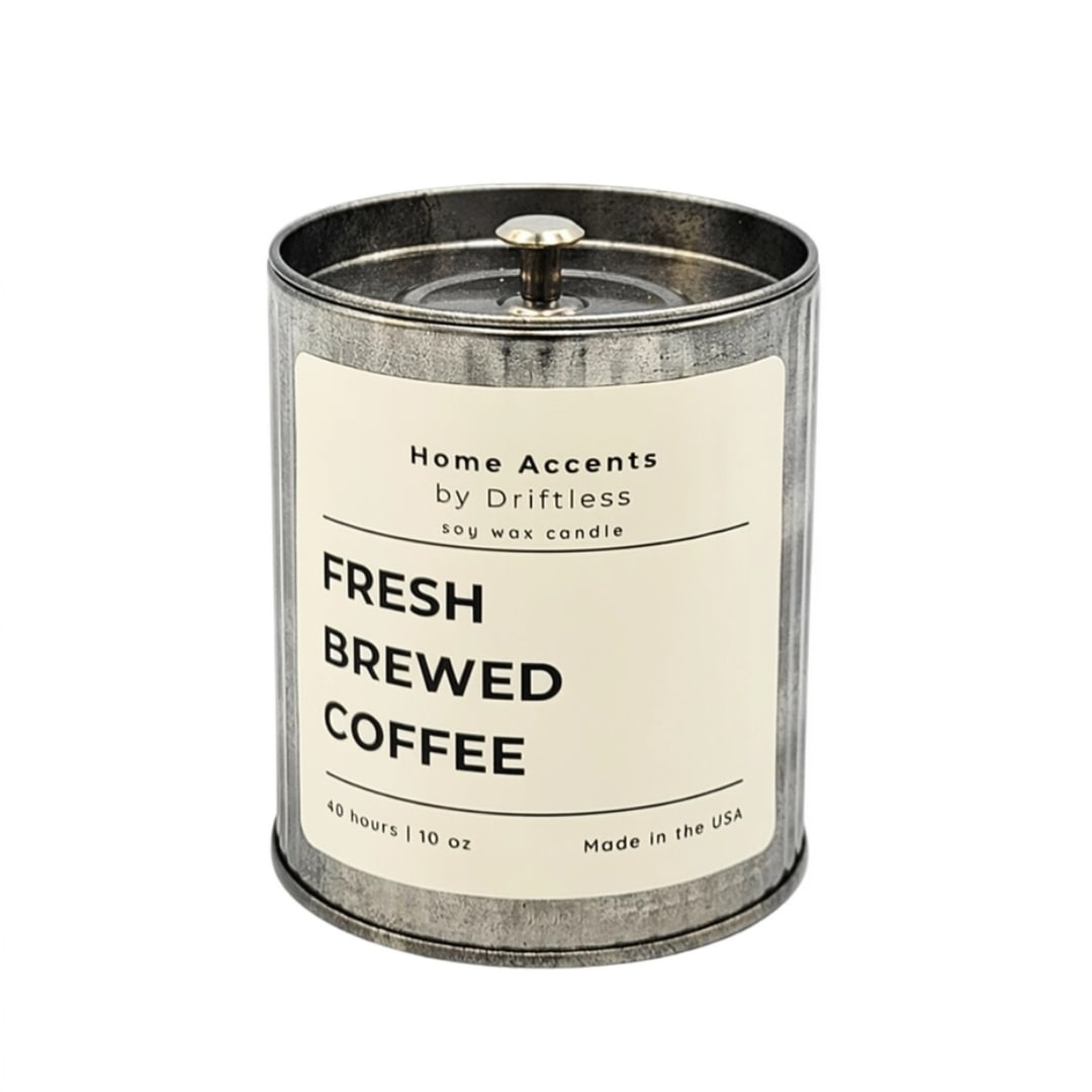 Metal tin candle labeled fresh brewed coffee
