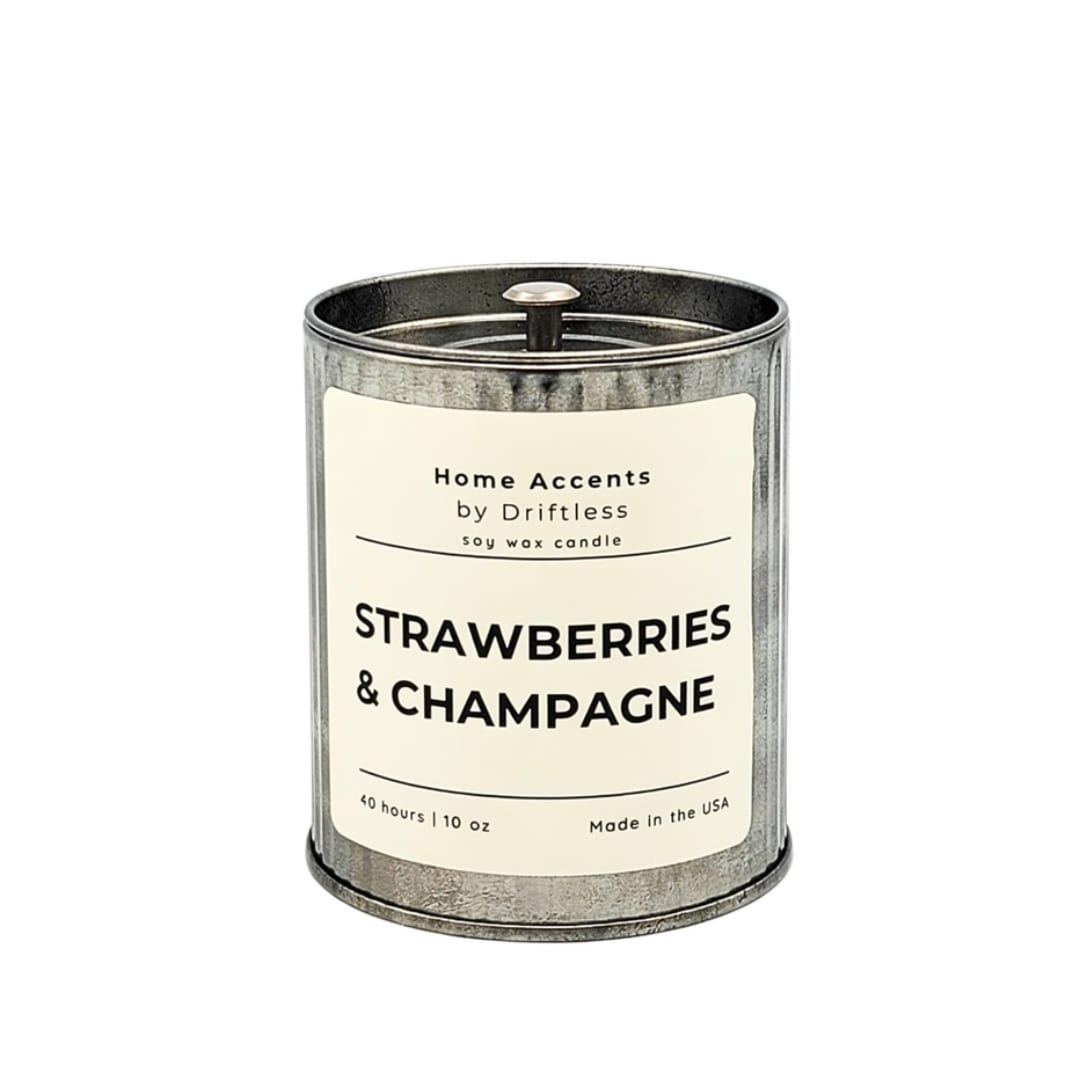 Strawberries and Champagne soy wax candle in a metal tin