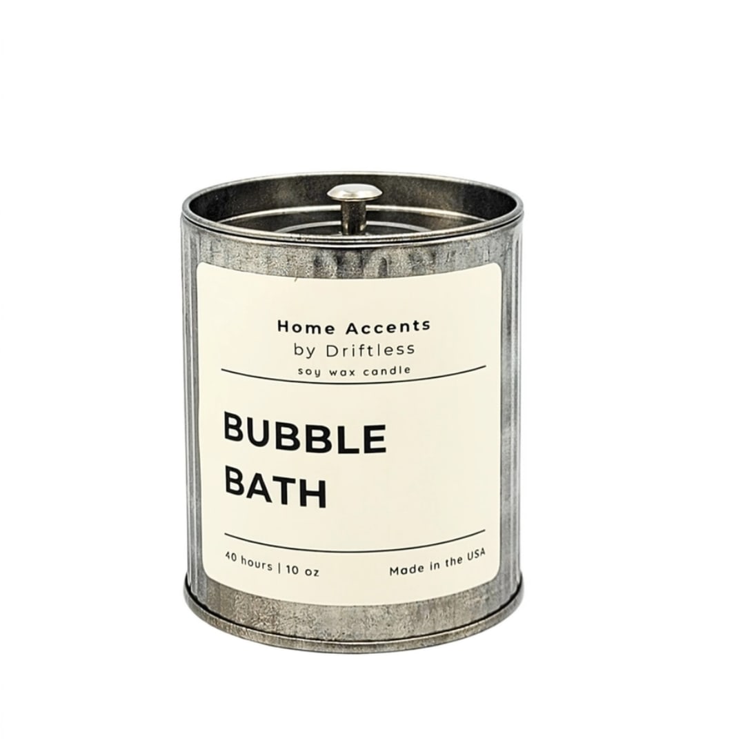 Metal tin candle labeled Bubble Bath