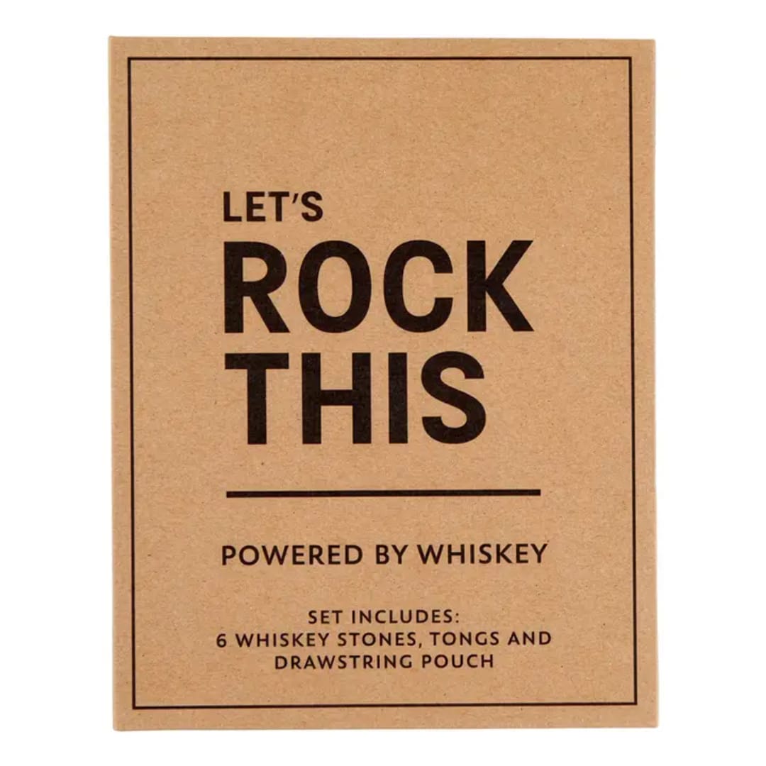 Cardboard gift box labeled "Let's Rock This" powered by whiskey