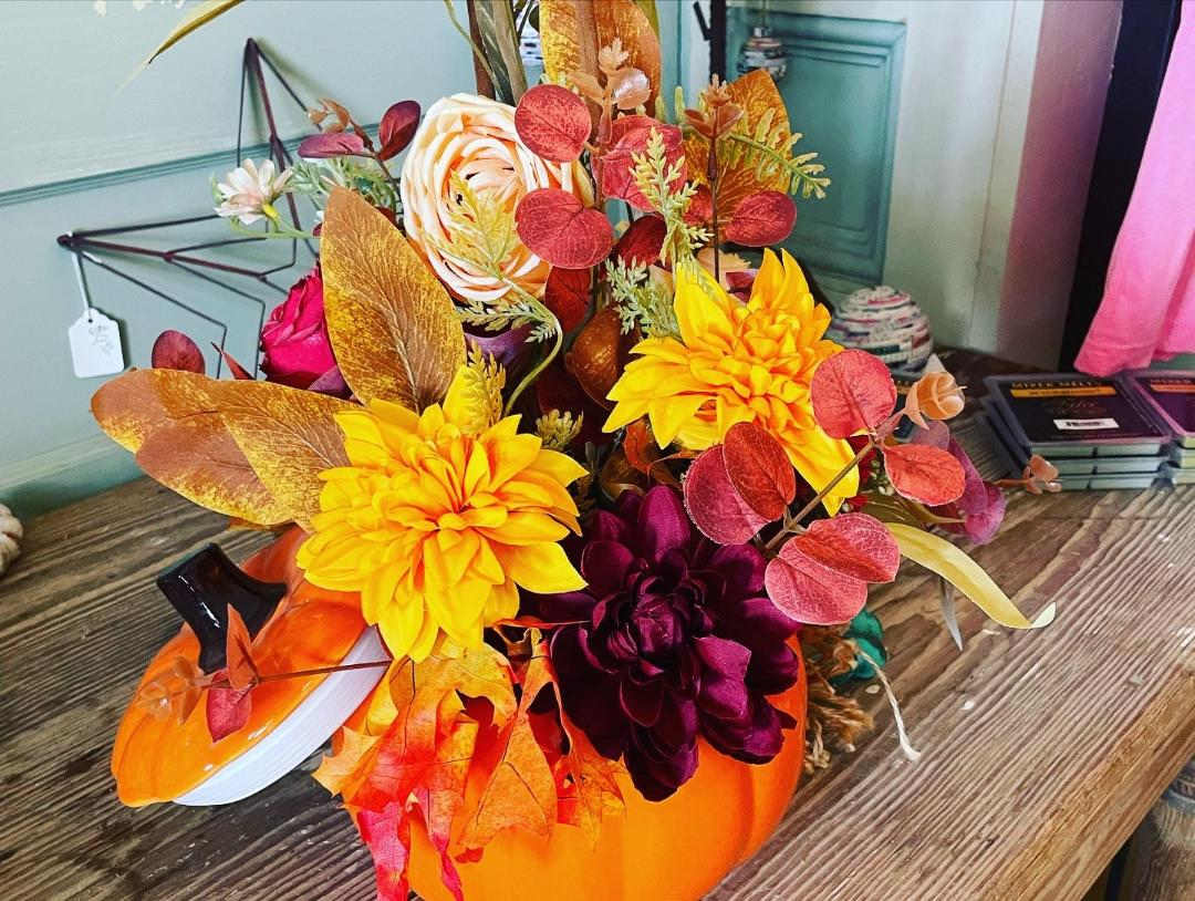 Artificial Pumpkin  - Artificial mixed fall flowers designed in ceramic pumpkin.