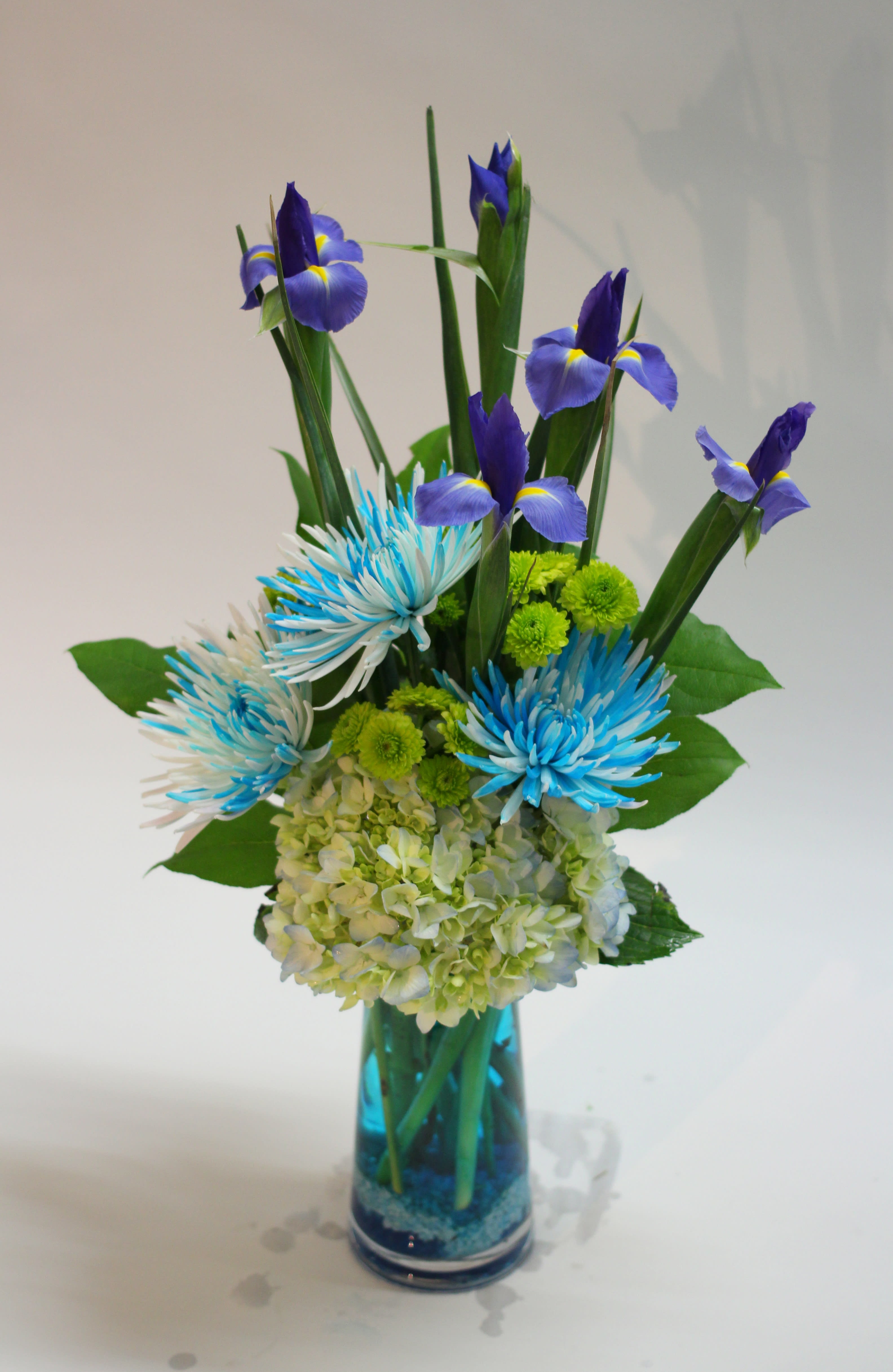 Blue iris and chrysanthemum arrangement in a glass vase