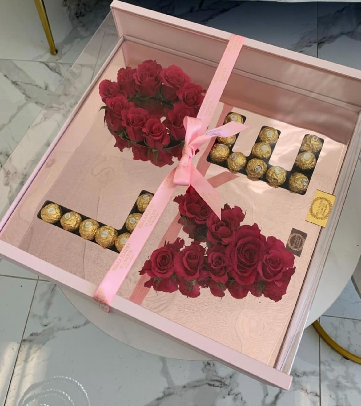 Luxury LOVE rose and chocolates display box  - Best of both worlds with roses and chocolates in an elegant display!  Available in pink, white or red roses. Box available in pink or black 