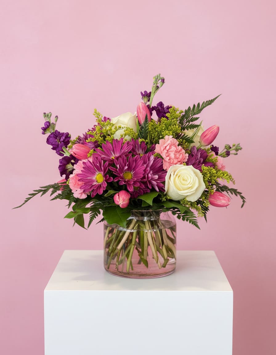 Pink Passion - These beautiful blooms of roses, daisy pomps, carnations and filler are in a pink color vase
