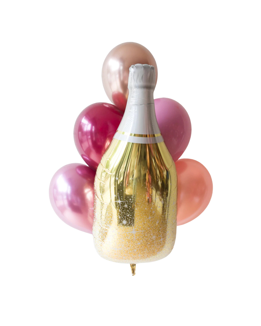 Champagne Bottle Foil Balloon bouquet - Champagne Bottle Foil Balloon  Pop the fun with our Champagne Bottle Foil Balloon—perfect for celebrating in style! Whether you're toasting a birthday, engagement, anniversary, New Year’s Eve, or graduation, this festive balloon adds a sparkling touch to any event.  Shaped like a classic champagne bottle with realistic detailing and a metallic finish, it pairs beautifully with balloon bouquets or stands out as a show-stopping centerpiece on its own. Fill with helium for a floating effect, or use as part of a photo backdrop or floor display.  Combine with pink, or confetti balloons for an extra celebratory look! (helium included) 8 latex and one large champagne Balloon