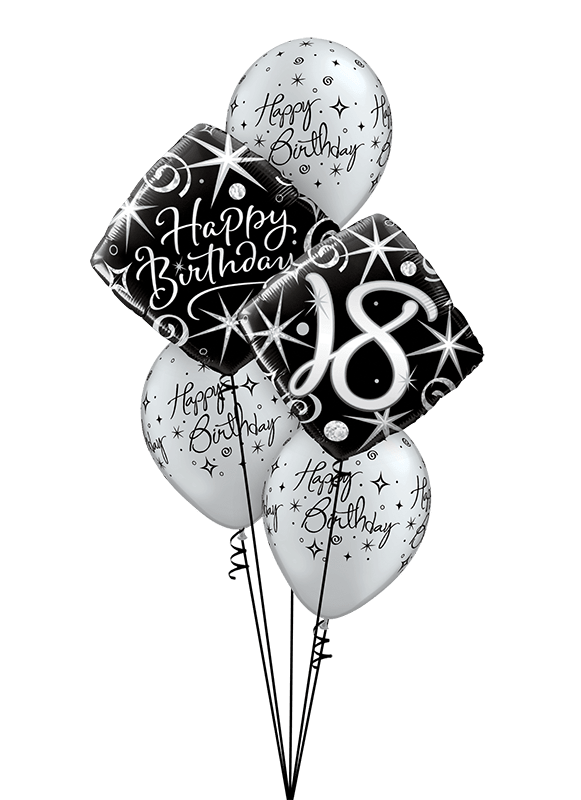 Cluster of black and white birthday balloons with "18" on one balloon