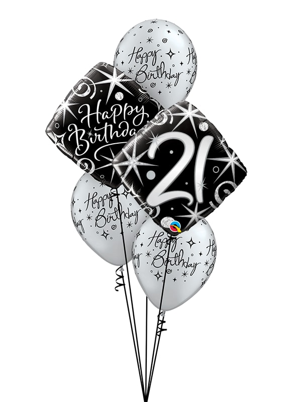 Cluster of black and silver birthday balloons with a "21" balloon