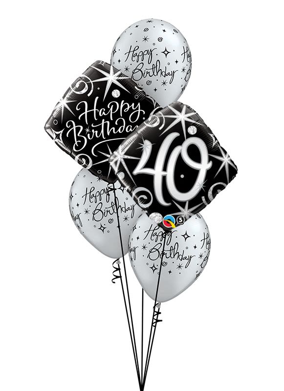 Cluster of black and white birthday balloons with a "40" balloon