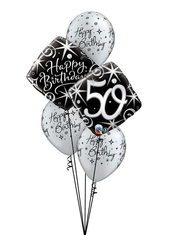 Cluster of black and silver birthday balloons, including a 50 balloon