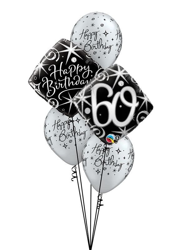 Cluster of birthday balloons with black and silver designs and a "60" balloon