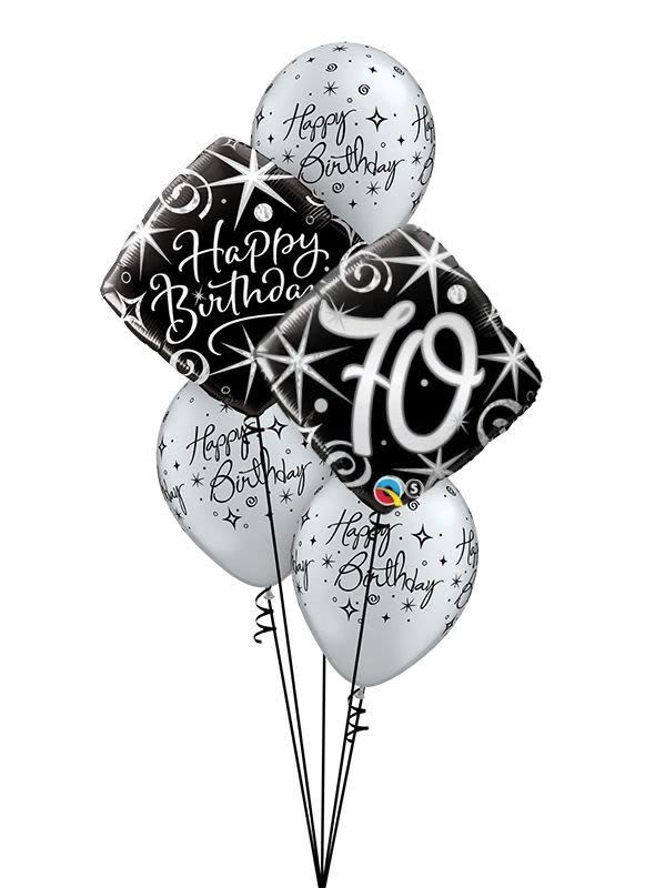 Cluster of birthday balloons with a large "70" balloon